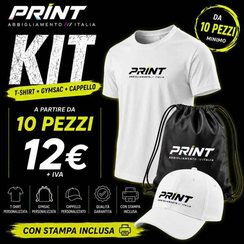 KIT BAMBINO T-SHIRT + SACCA + CAPPELLO CON STAMPE MULTICOLOR